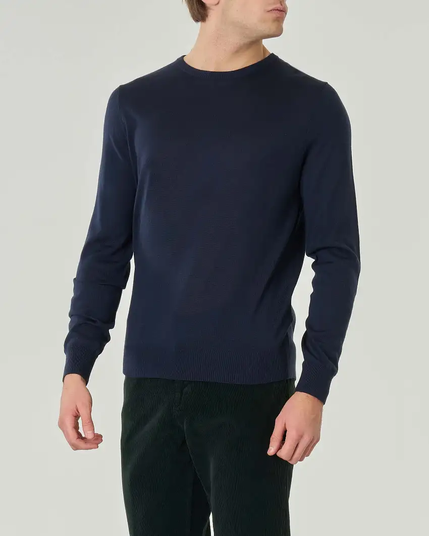 Maglia girocollo Pellizzari blu navy in pura lana merinos ultrafine