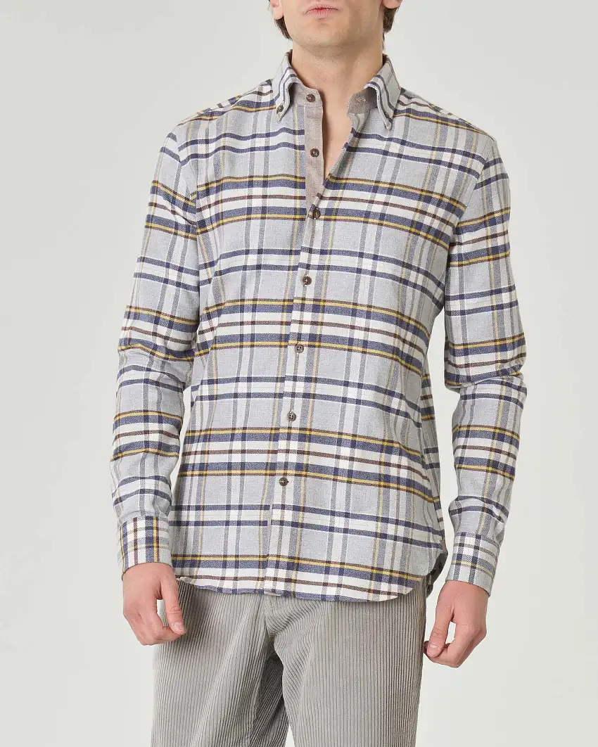 Camicia grigio chiaro a quadri blu e gialli in flanella di puro cotone con colletto botton-down