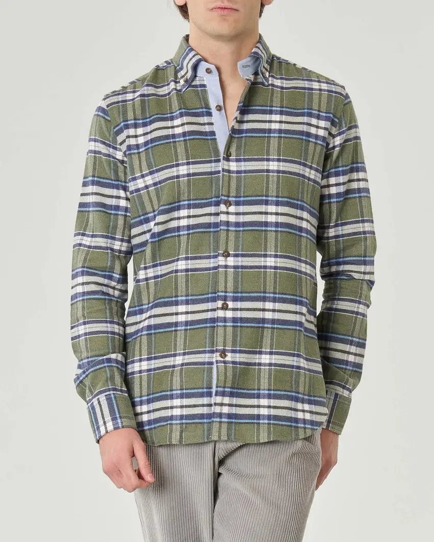 Camicia verde a quadri blu ed ecrù in flanella di puro cotone con colletto botton-down