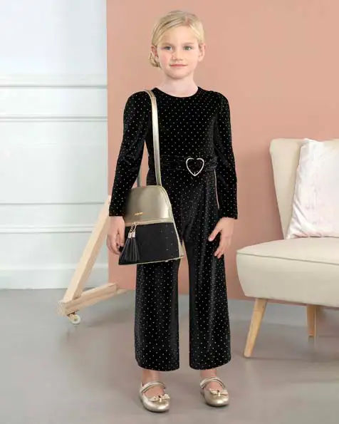 Tuta a maniche lunghe in velluto nero glitterato e fusciacca con cuore dorato