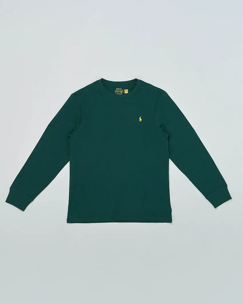 T-shirt Ralph Lauren a manica lunga verde bottiglia in puro cotone con logo pony giallo