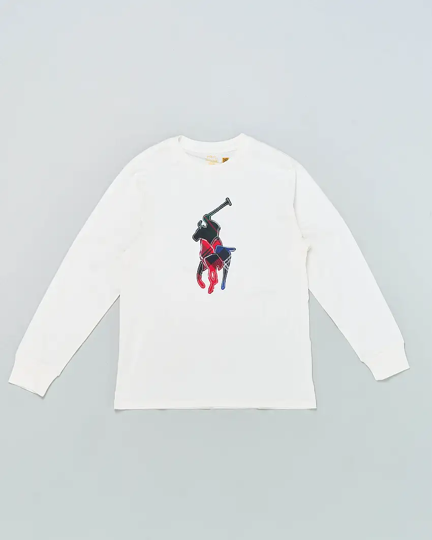 T-shirt Ralph Lauren bianca manica lunga in puro cotone con maxi logo pony in tartan