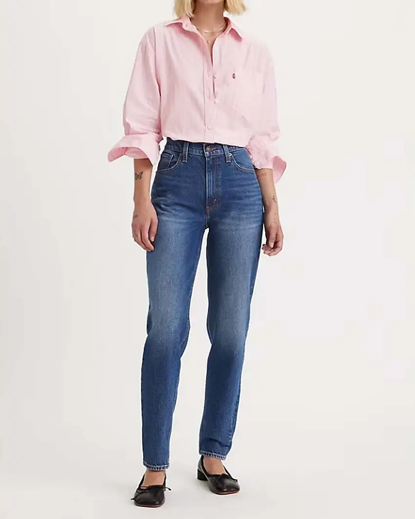 Mom jeans in puro cotone a vita alta lavaggio medio stone washed
