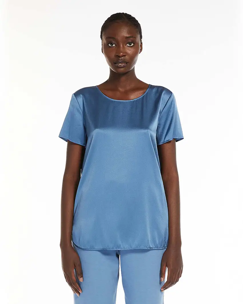 Blusa color avio scuro in crêpe di seta stretch a maniche corte