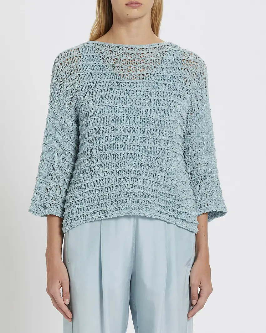 Maglia color acqua in misto cotone a lavorazione uncinetto con maniche tre quarti Linea MONOCHROME