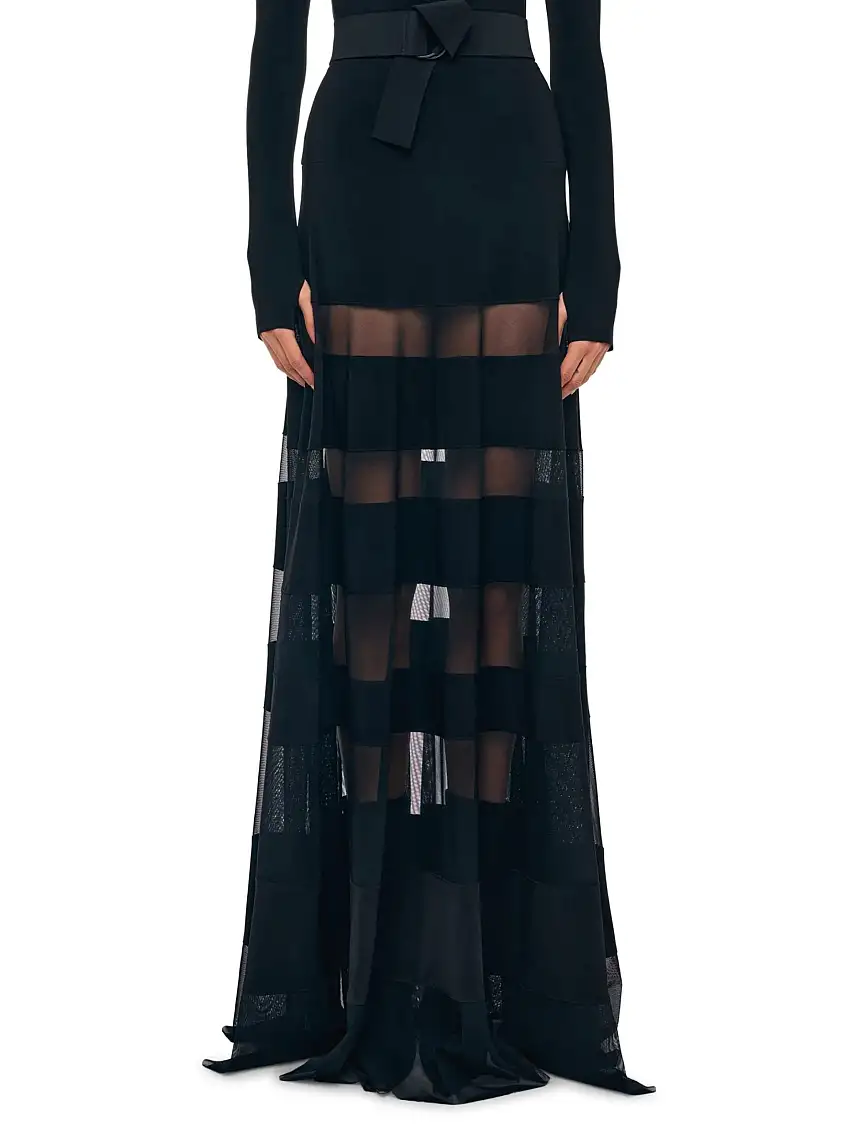 Gonna Lunga con Inserti in Rete Semitrasparente Nero