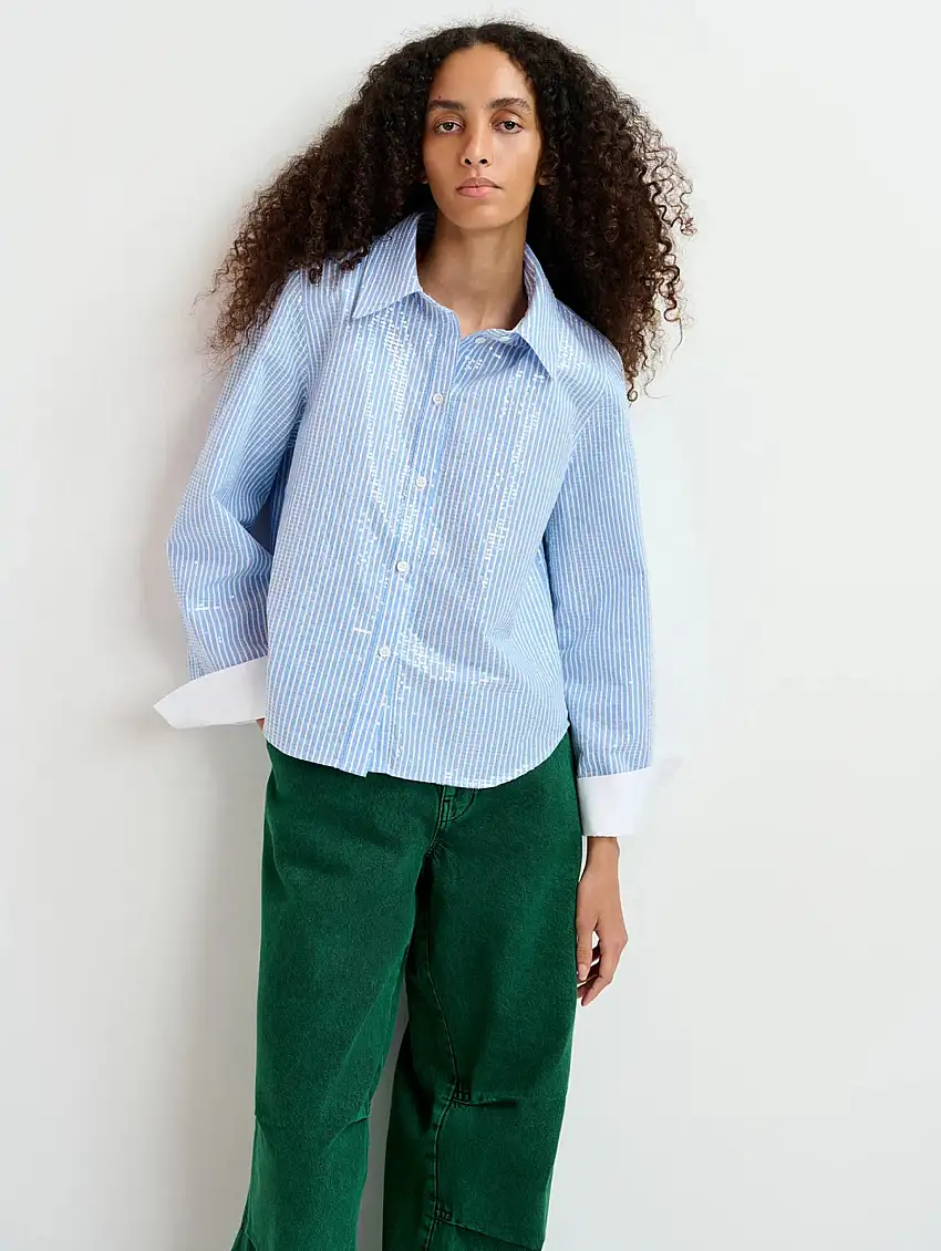 Camicia a Righe con Paillettes Bianco/Blu