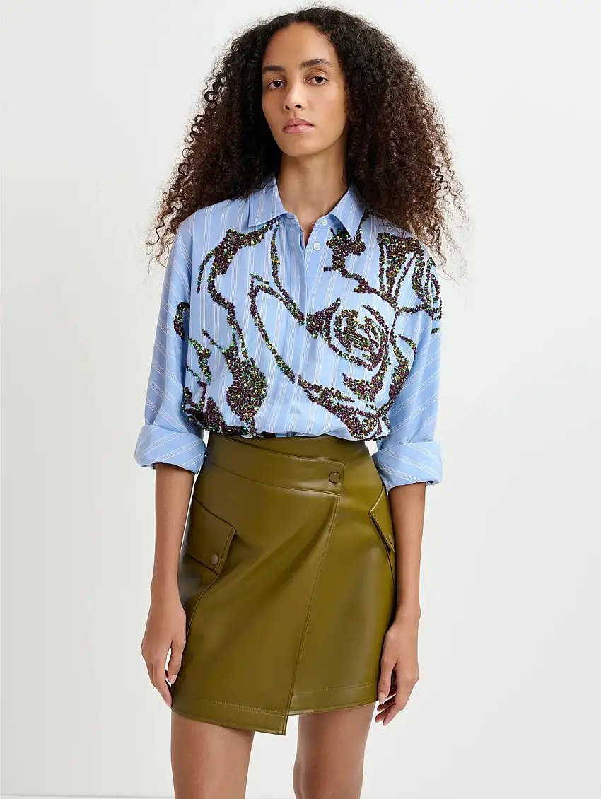 Camicia in Popeline con Fiori di Paillettes Bianco/Blu