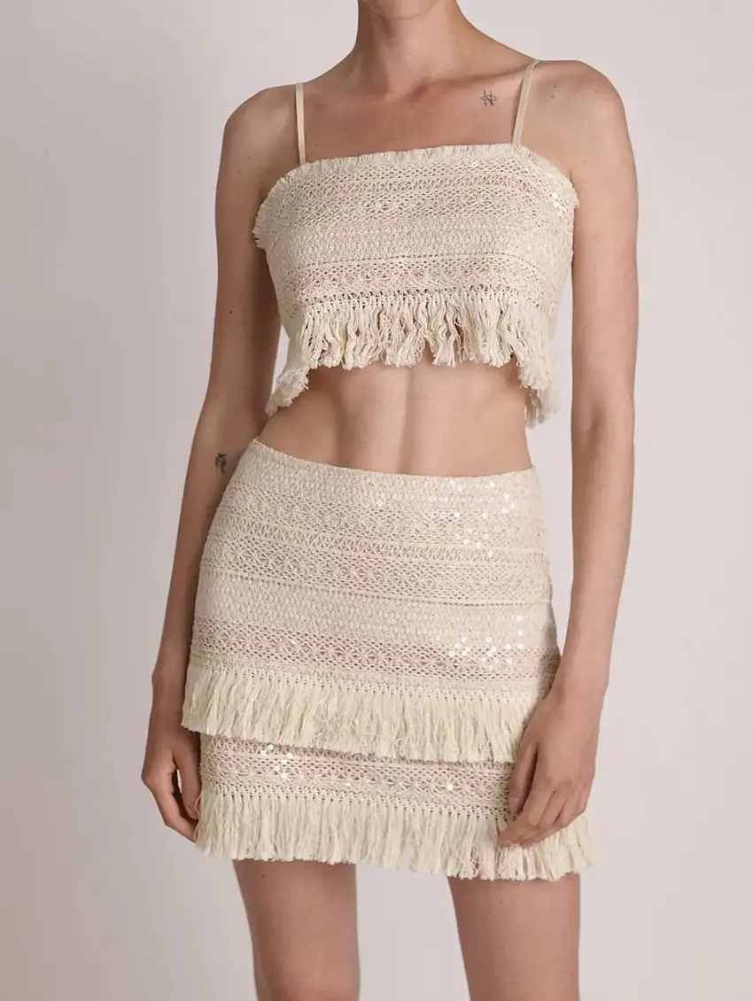 Gonna Mini in Pizzo e Paillettes Avena