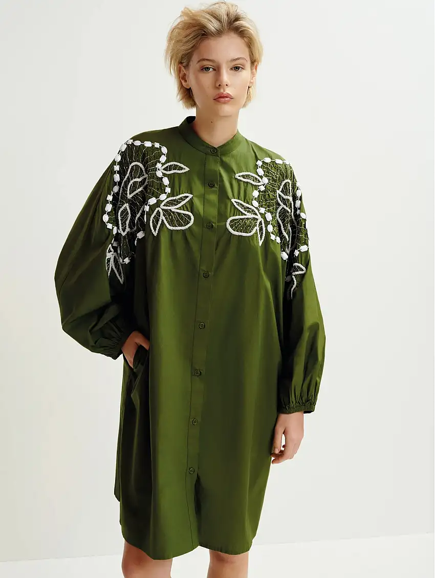 Abito Chemisier con Maniche a Sbuffo e Paillettes Verde