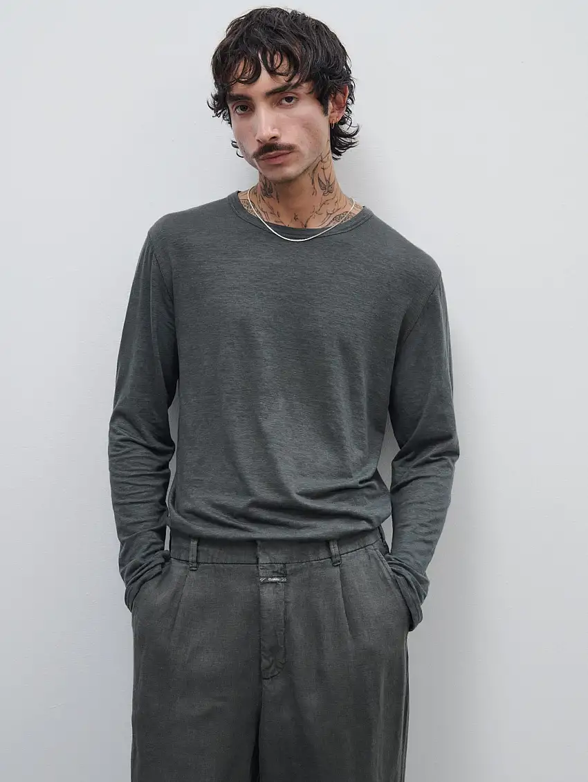 Maglia Girocollo Maniche Lunghe in Lino Grigio