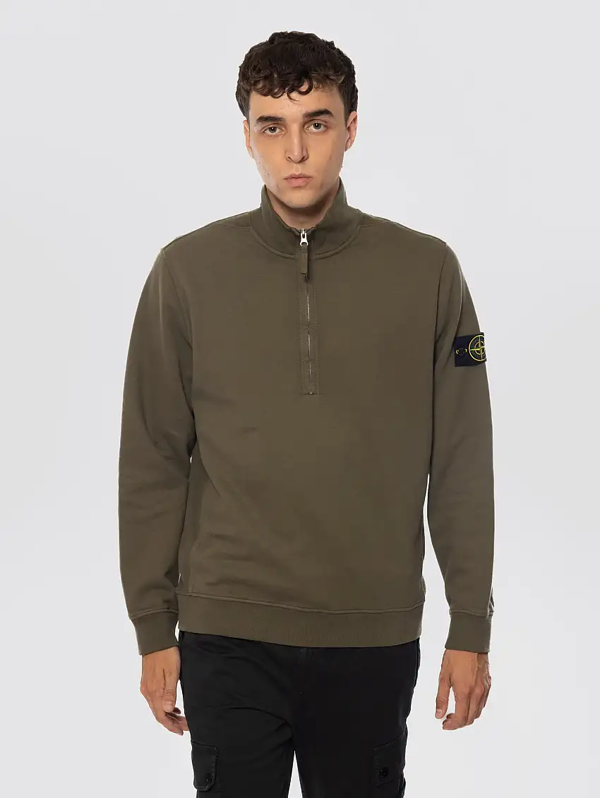 Felpa con Mezza Zip e Inserti a Costine Verde