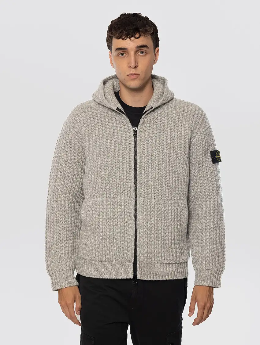 Cardigan Con Cappuccio in Lana a Coste Grigio