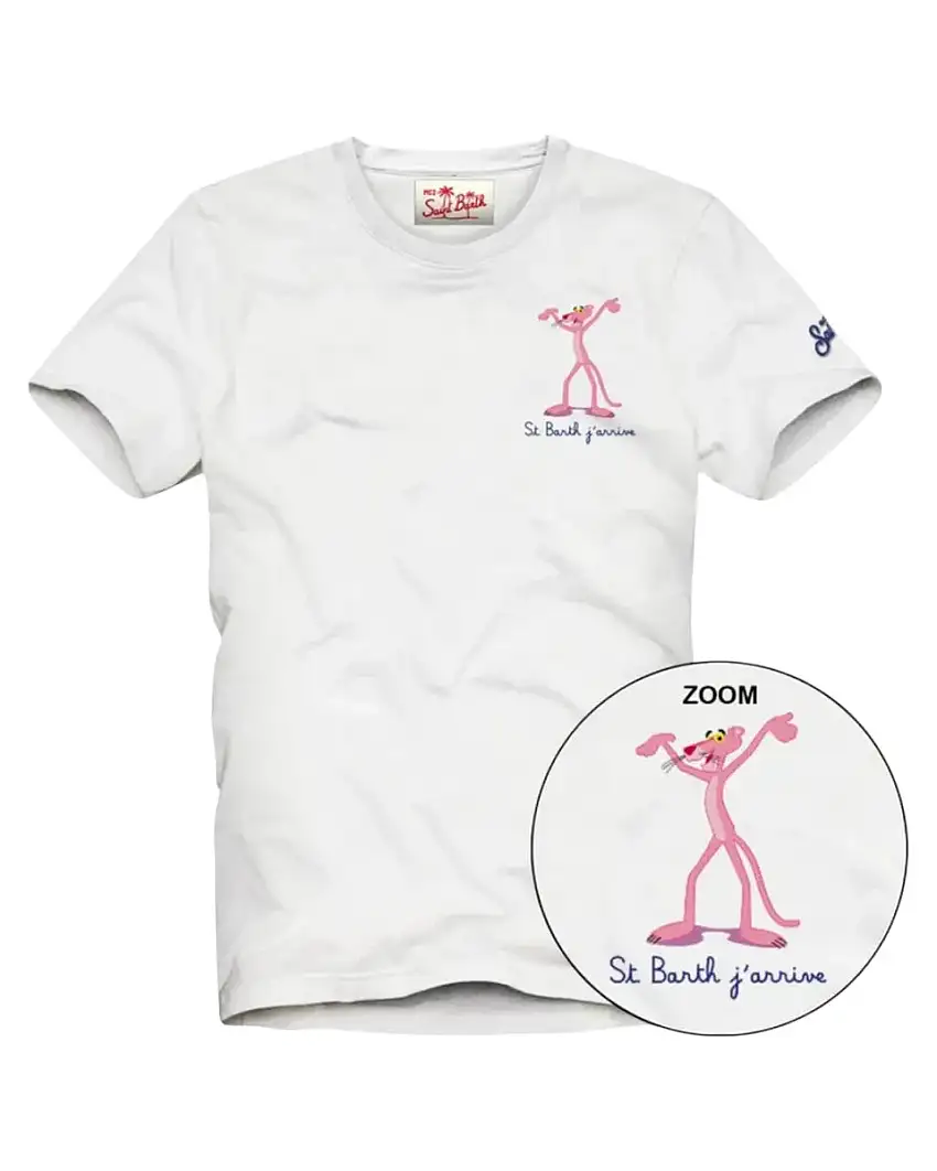 T-Shirt Saint Barth Bianca con Pantera Rosa in Cotone
