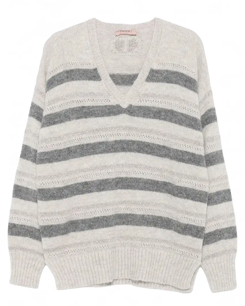 Maglione Righe Grigio con Scollo a V Elegante