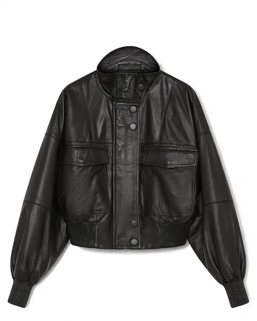 Bomber in Pelle Imbottita Crop con Maxi Tasche