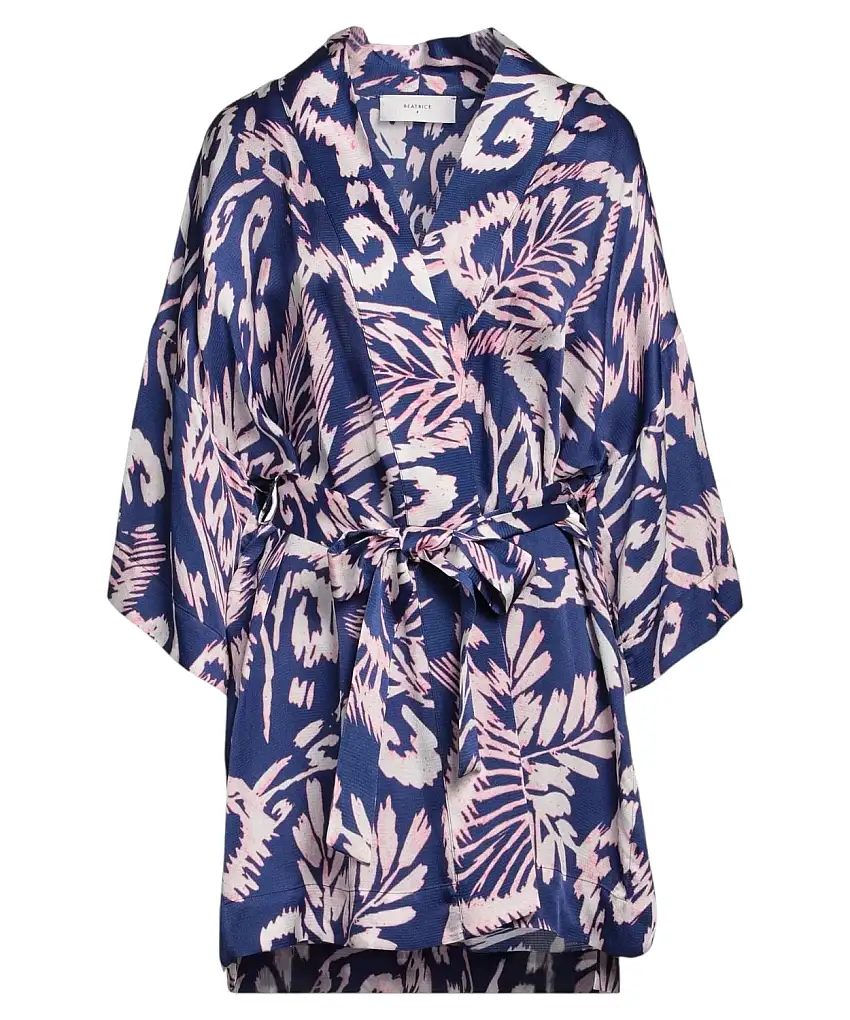 Kimono corto in raso floreale con cintura e maniche 3/4