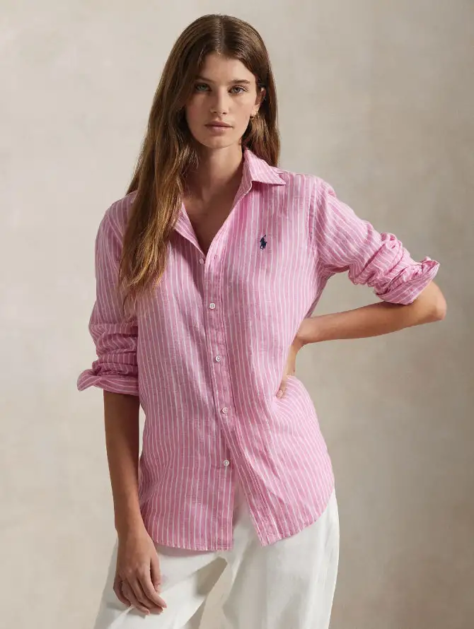 Camicia Classic Fit in Lino a Righe Rosa/Bianco