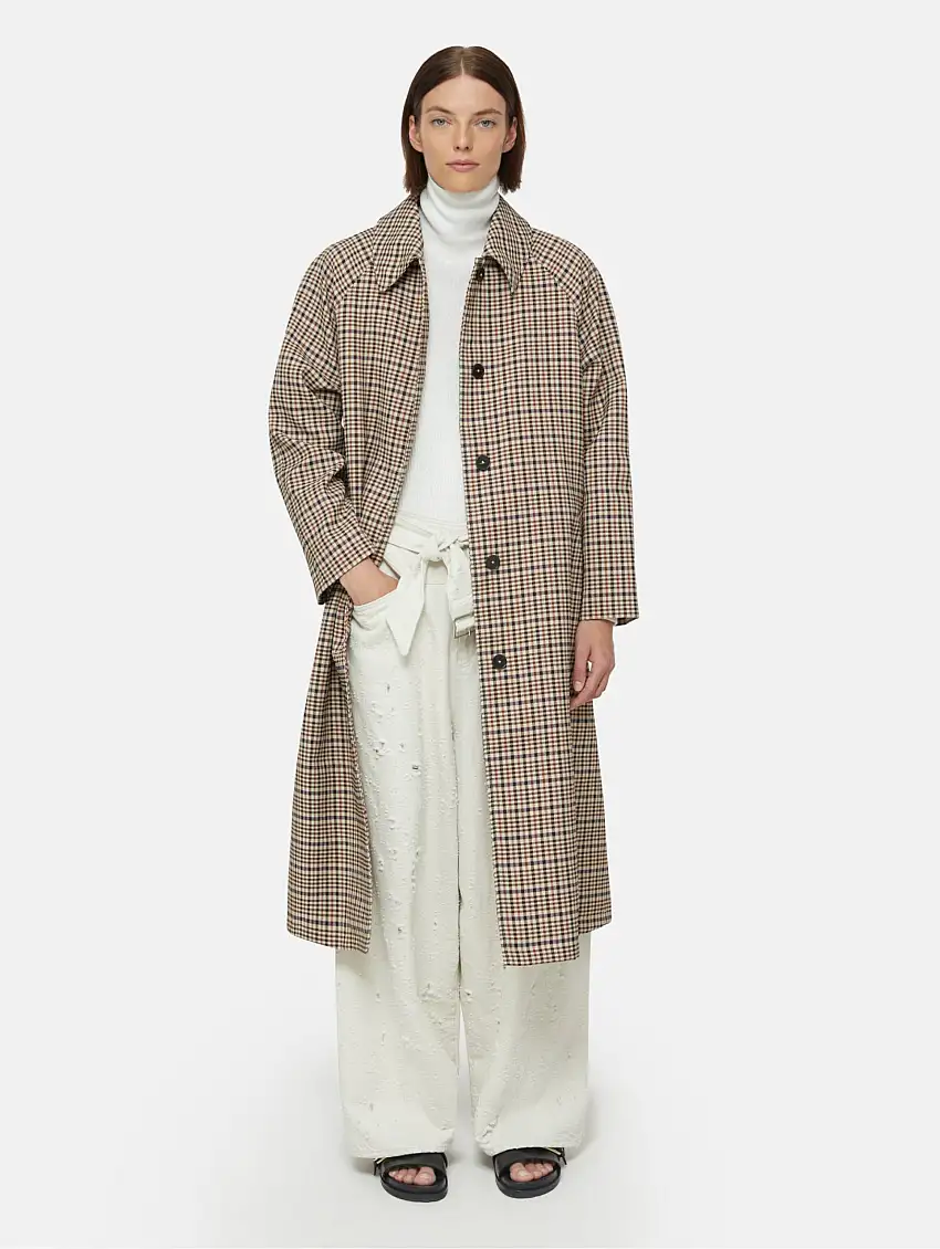 Cappotto Lungo in Panno Performante a Quadri Marrone