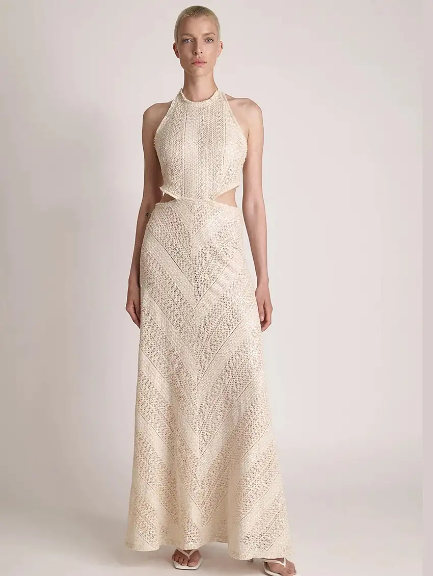Abito Lungo in Pizzo e Paillettes Avena