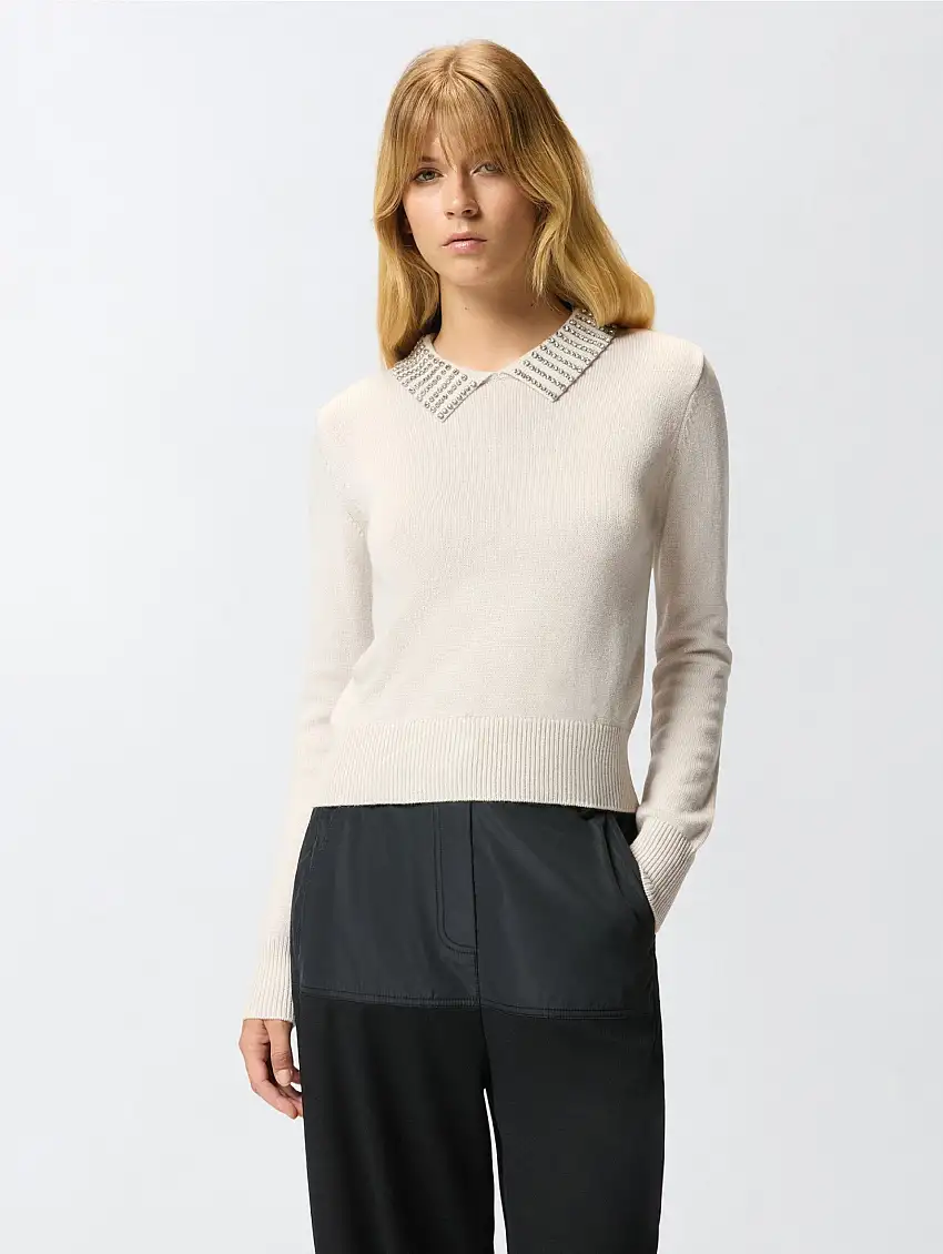 Maglia Aderente con Colletto con Strass Beige