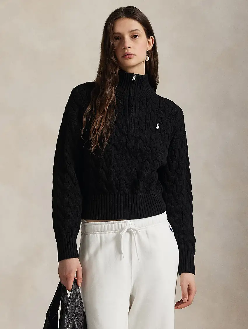 Maglia in Cotone a Trecce con Cerniera Nero