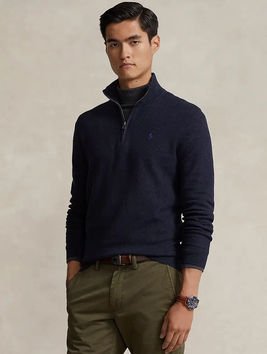 Maglia in Piqué Mezza Zip in Cotone Blu