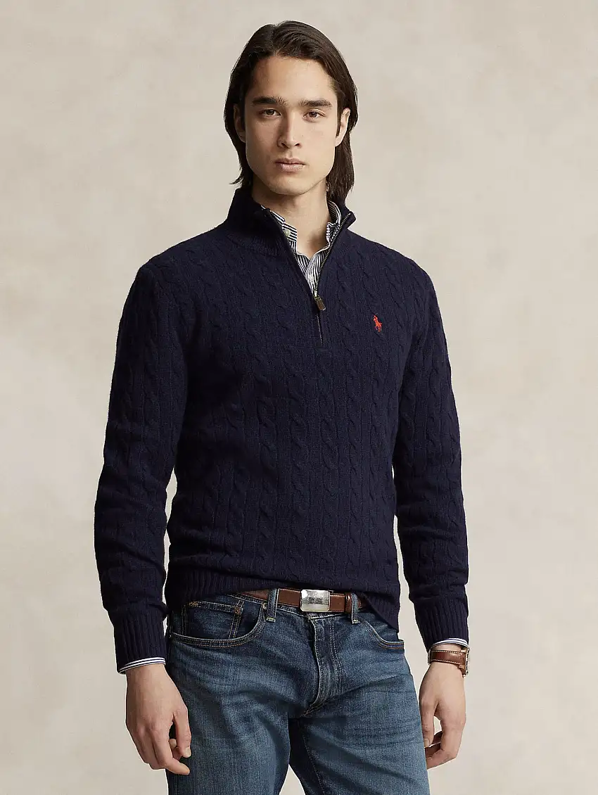 Maglia Mezza Zip a Trecce Blu Navy