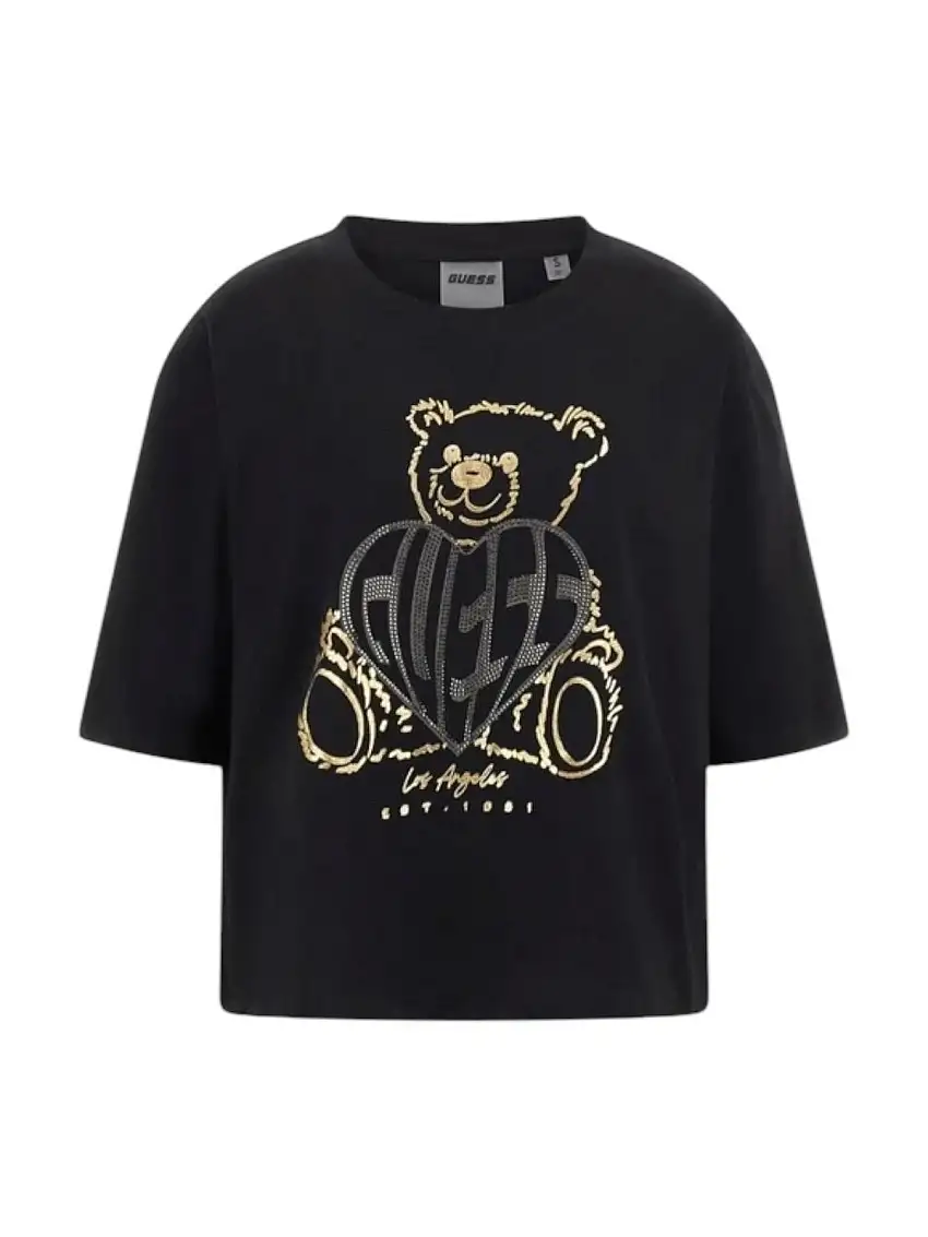 GUESS SPORT Women's T-shirt RHINESTONE BEAR BOXY V5RI09 I3Z14 JBLK Black