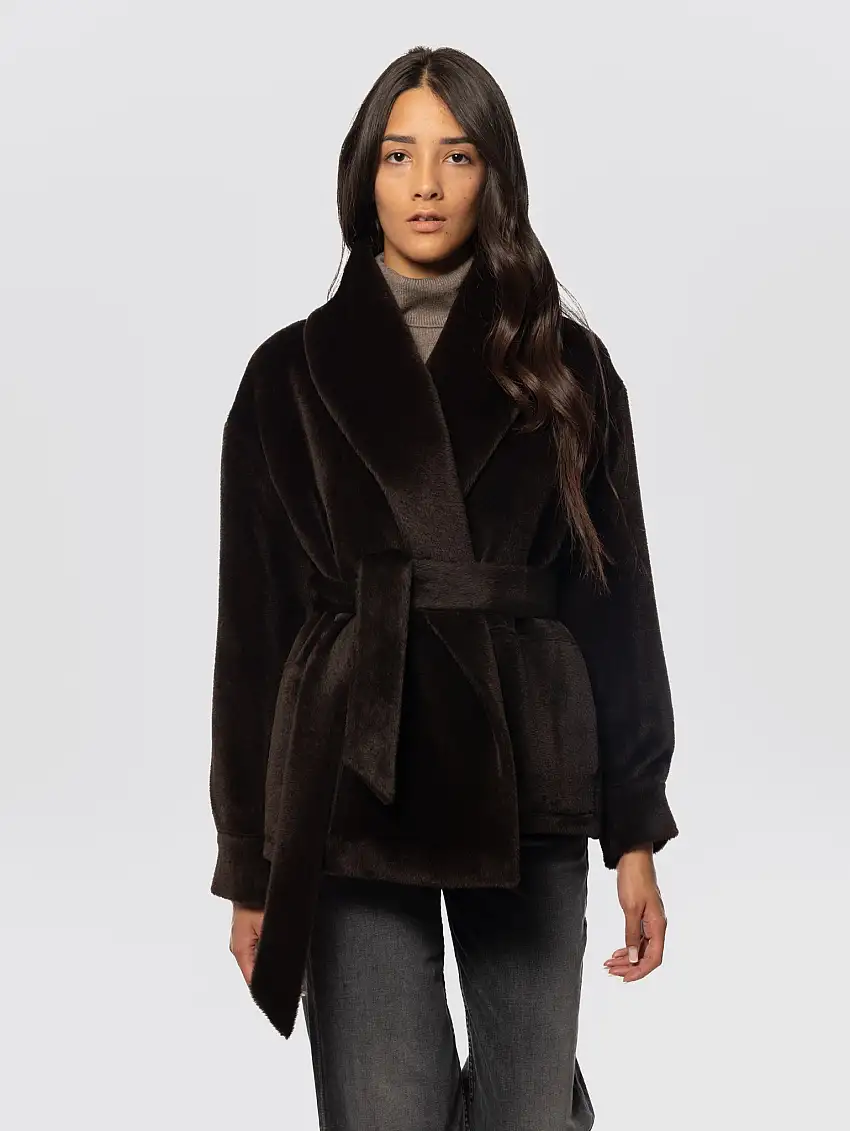 Giaccone con Cintura in Alpaca e Lana Marrone