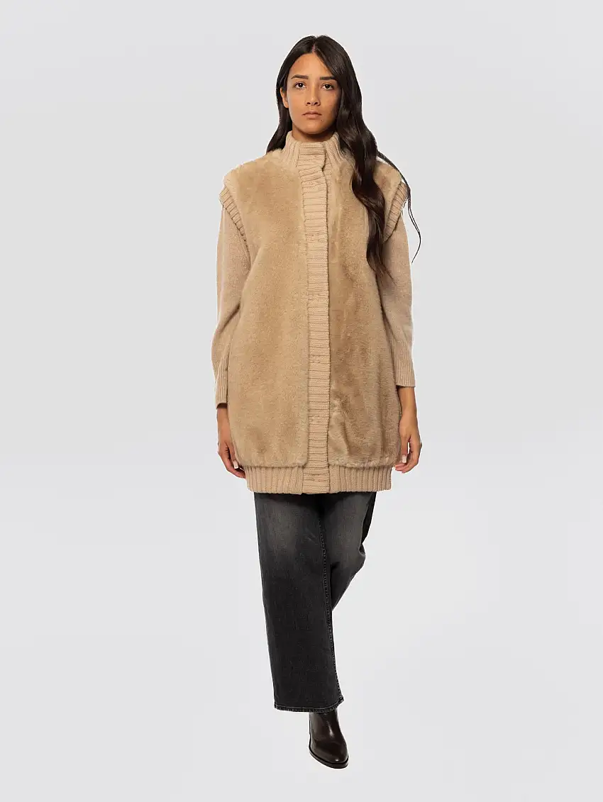 Gilet Lungo in Tessuto Aspen Effetto Pelliccia Beige