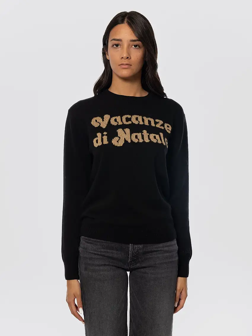 Maglione Girocollo con Ricamo Vacanze di Natale Nero