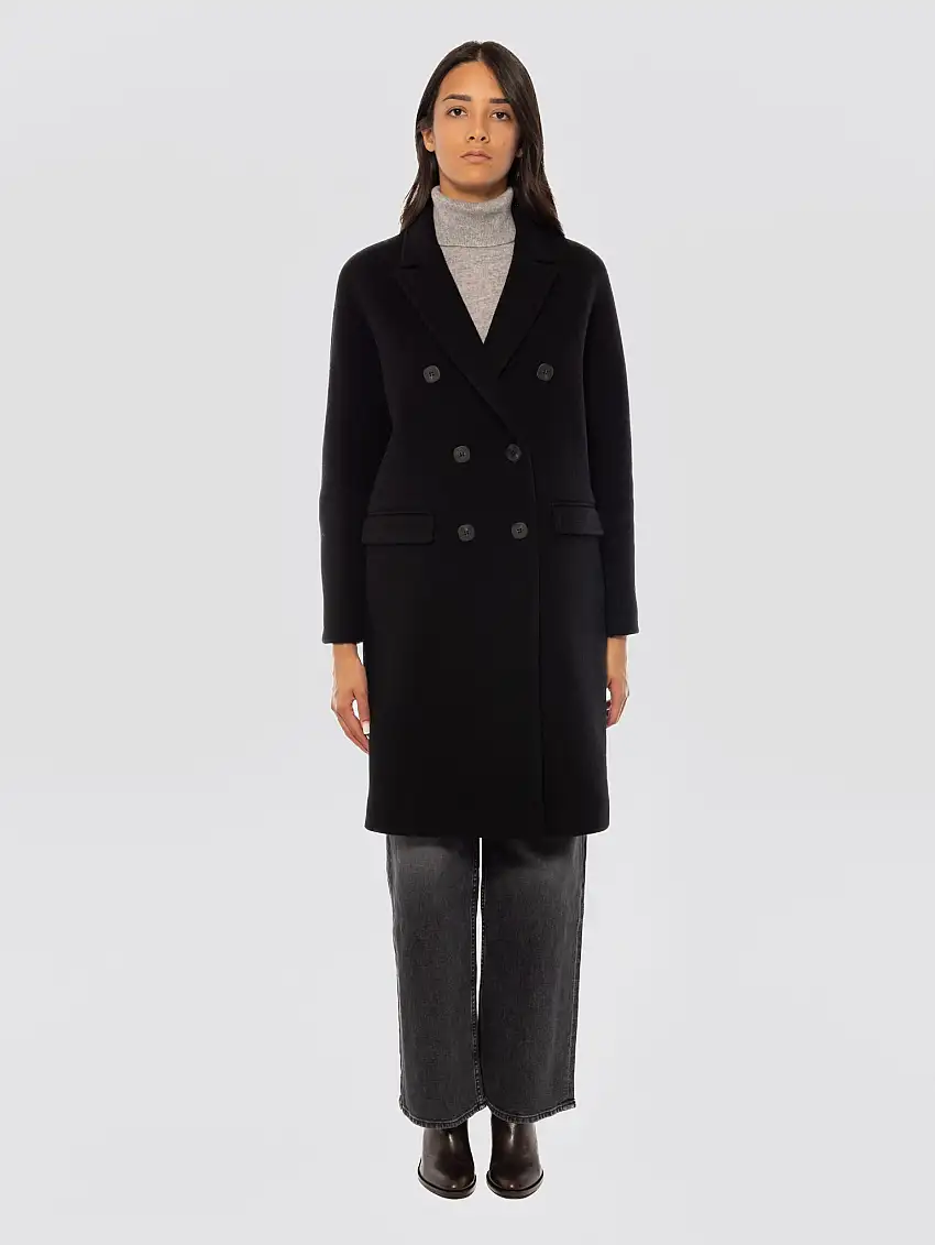 Cappotto Doppio Petto in Panno di Lana e Cashmere Nero