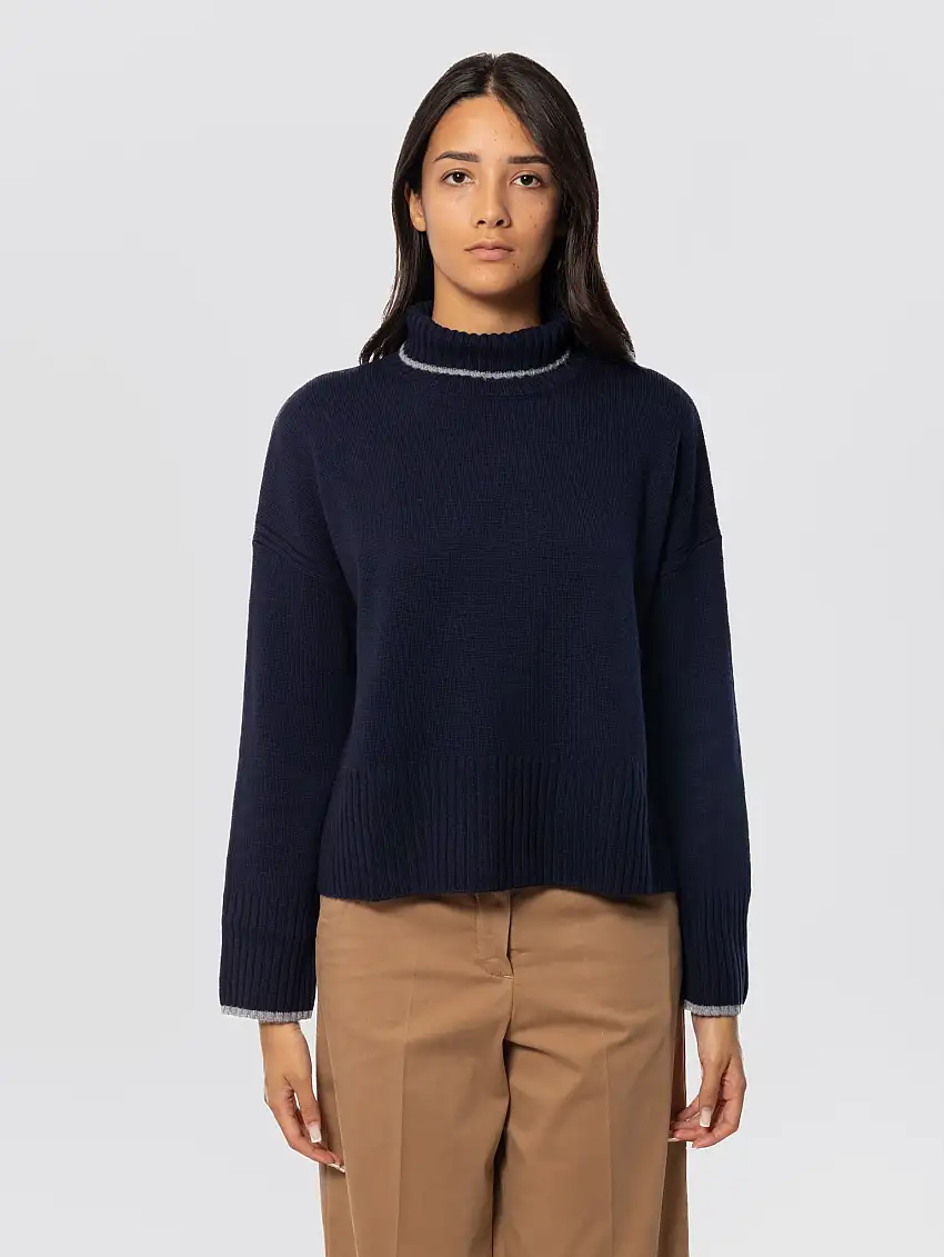 Dolcevita con Filato a Contrasto in Lana e Cashmere Blu