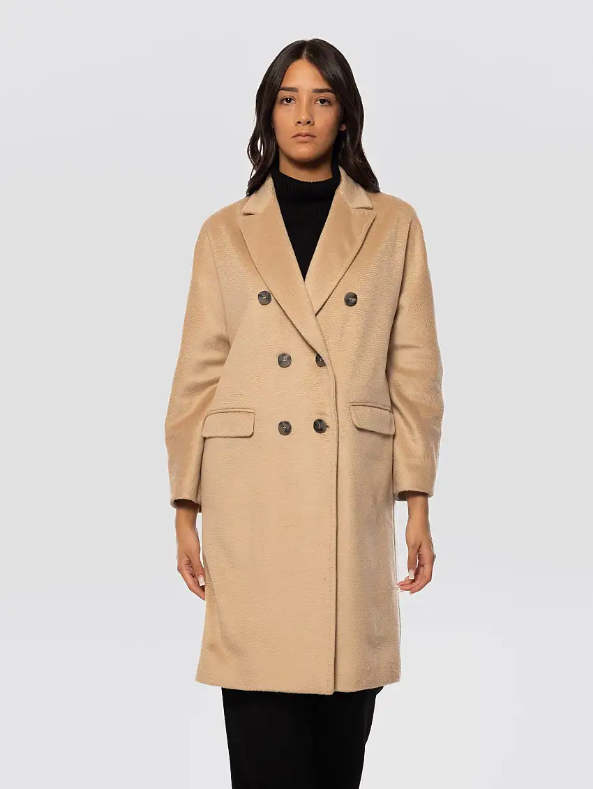 Cappotto Doppio Petto Effetto Astrakan Cammello