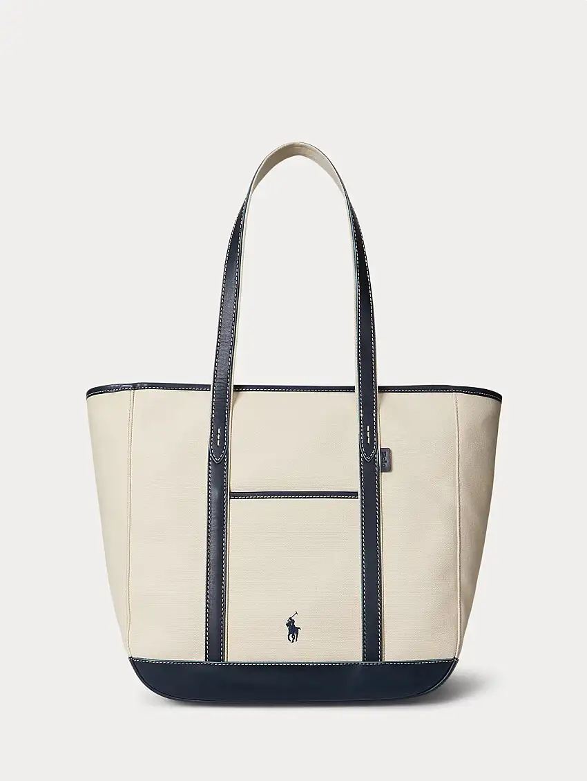 Shopper Tote in Tela e Pelle Ecrù/Blu