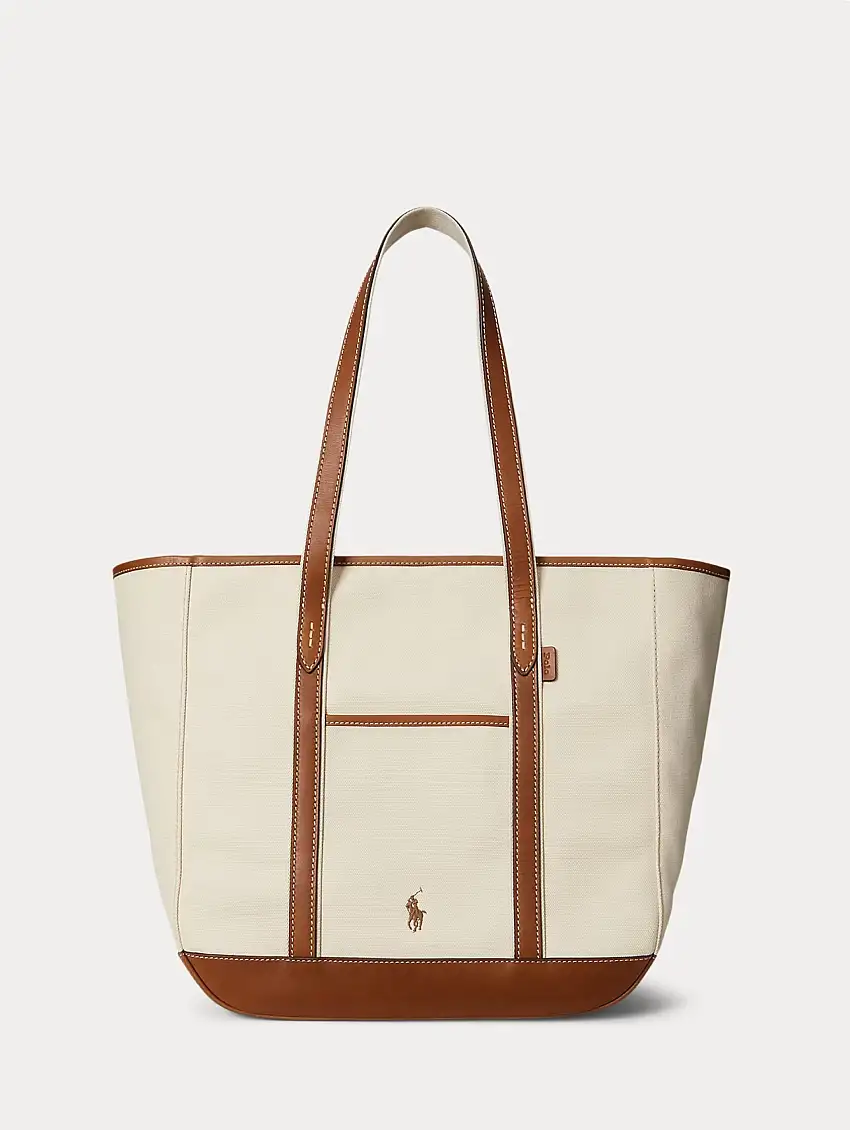 Shopper Tote in Tela e Pelle Ecrù/Cuoio