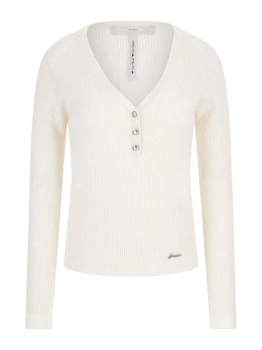 GUESS Women's Sweater BLAIRE VN LS HENLEY SWTR W4YR16 Z2V62 G012 White