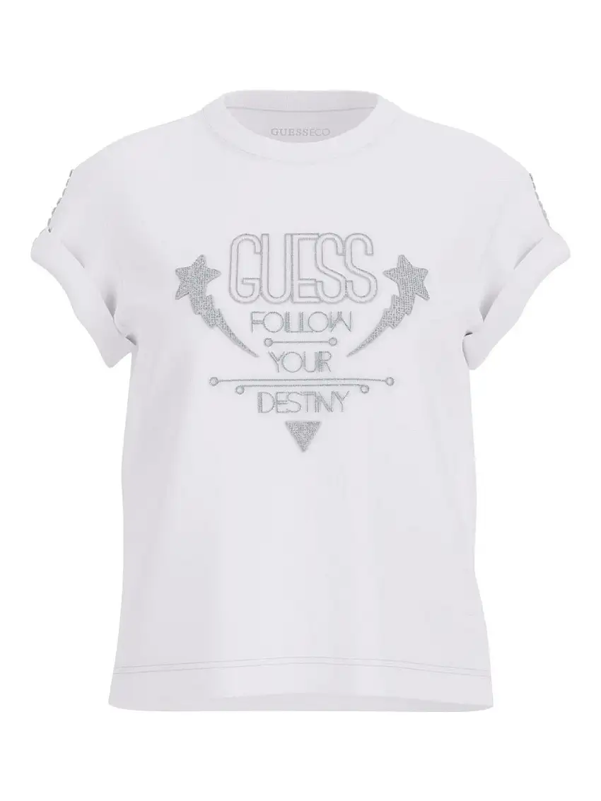 GUESS Women's T-shirt SS CN SLEEVES STRASS DETAIL W5RI06 I3Z14 G011 White