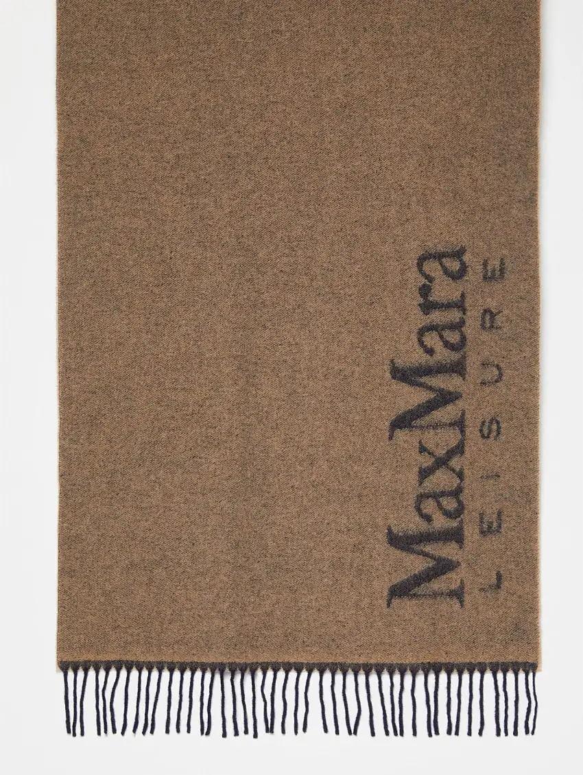 Sciarpa in Lana con Frange e Logo Jacquard Cammello