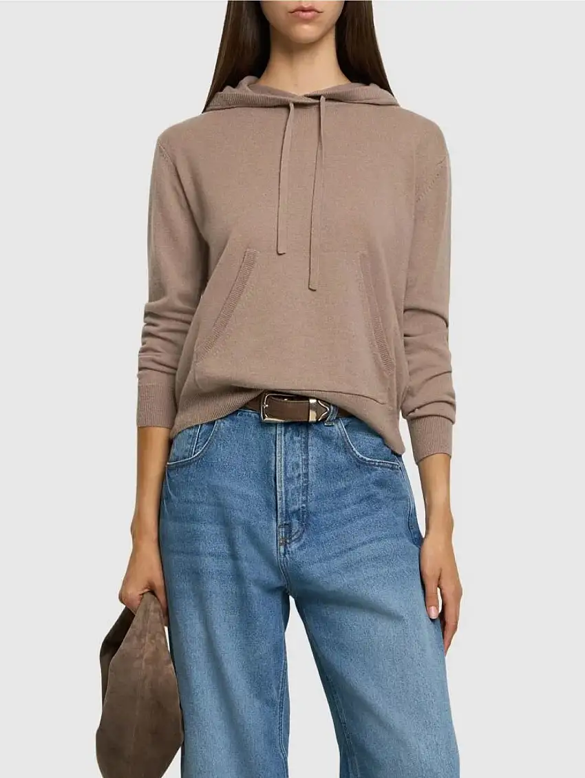 Felpa con Cappuccio in Lana e Cachemire Tortora