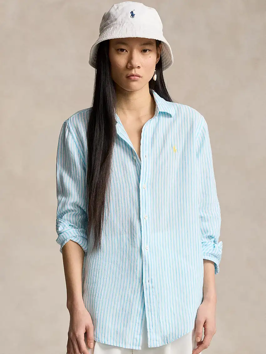 Camicia a Righe in Lino Turchese/Bianco