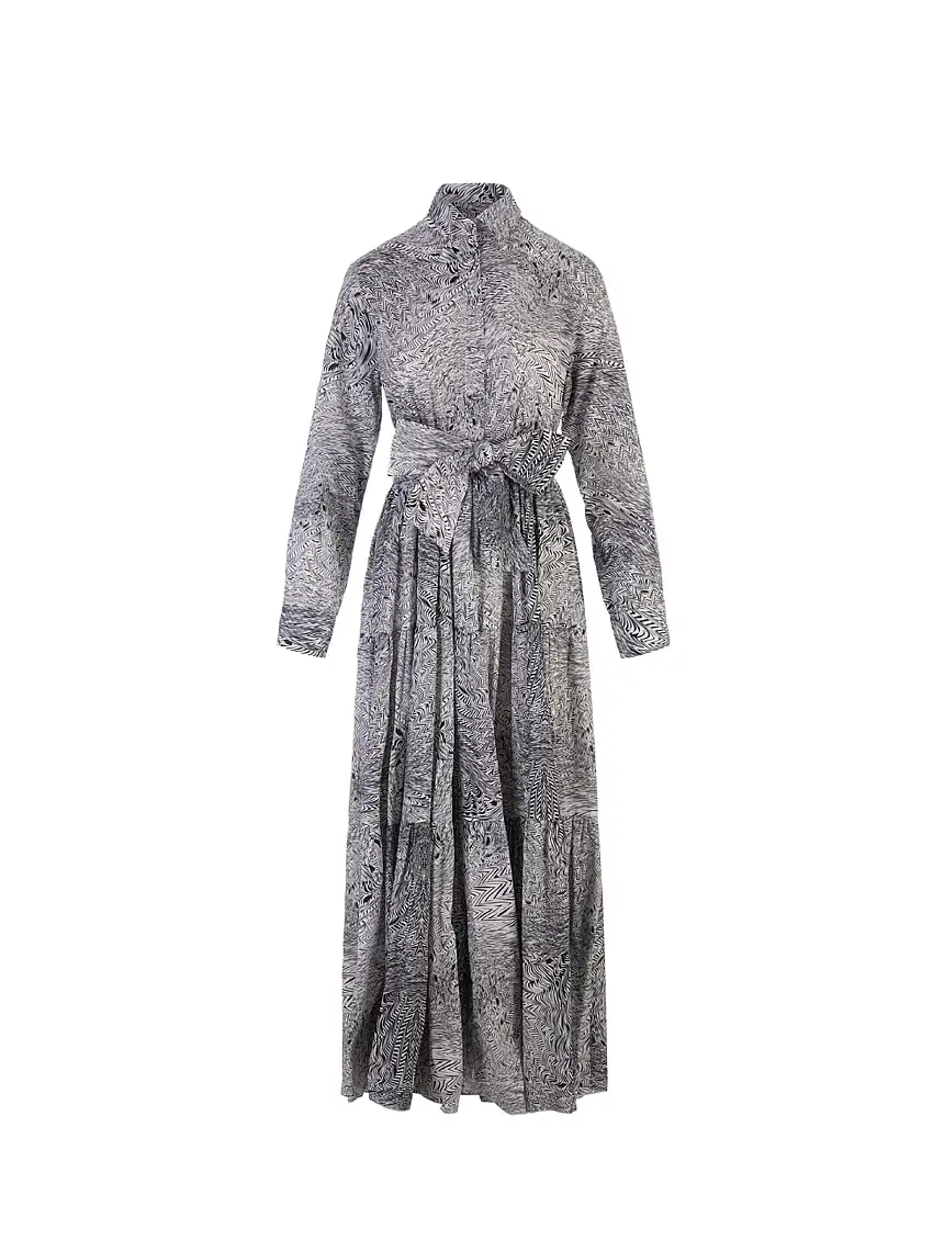 Abito Chemisier con Stampa Geometrica Bianco/Nero