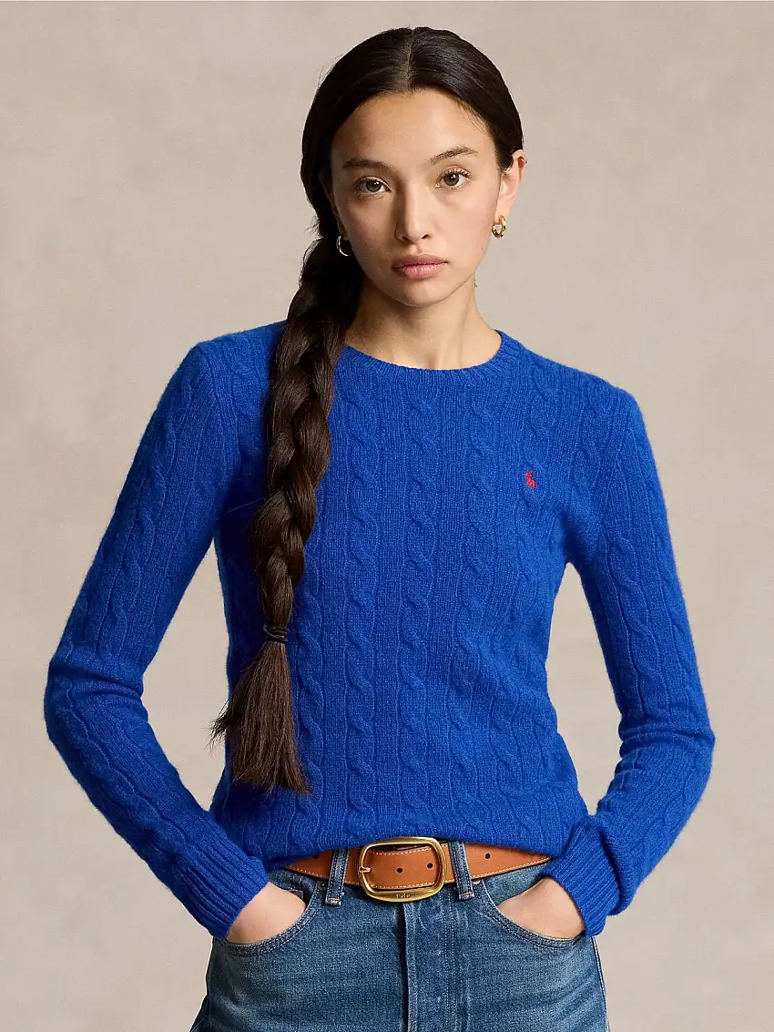 Maglia a Trecce in Misto Cashmere Blu Royal