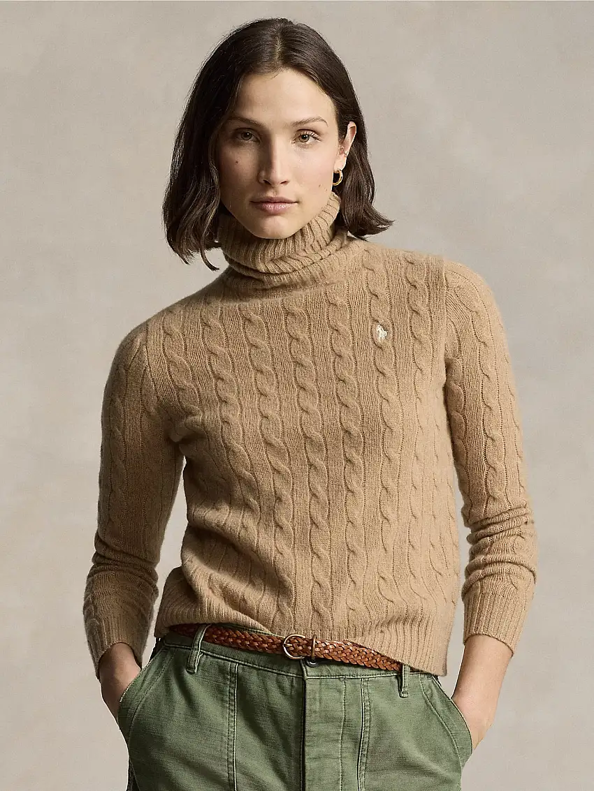 Maglia con Collo Alto a Trecce Cammello