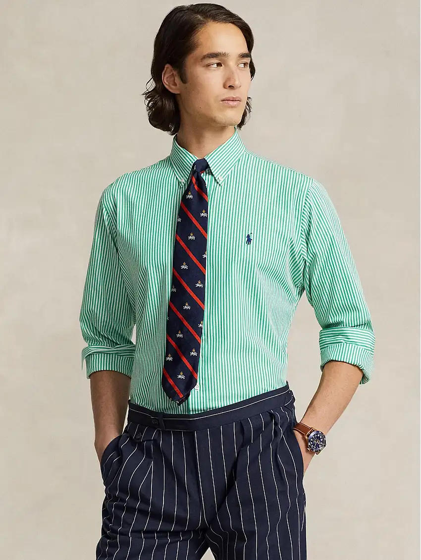 Camicia in Popeline Elasticizzato a Righe Verde/Bianco