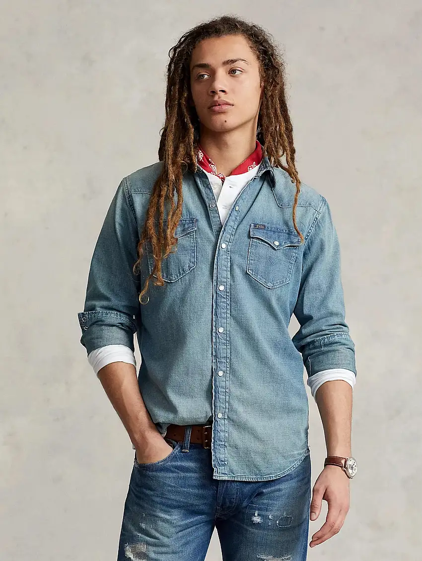 Camicia Western con Tasche Applicate Blu