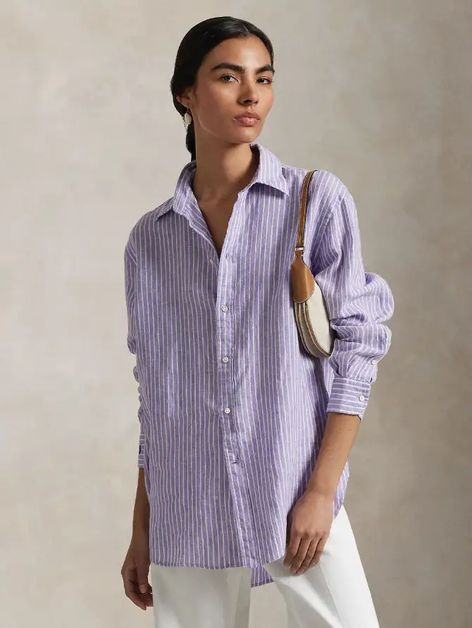 Camicia Classic Fit in Lino a Righe Viola/Bianco