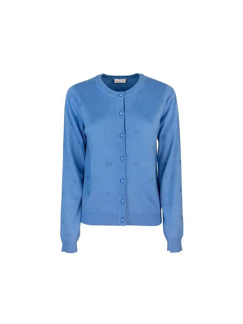 Liu Jo Women's Cardigan - Cardigan with Logo and Rhinestones - Light Blue