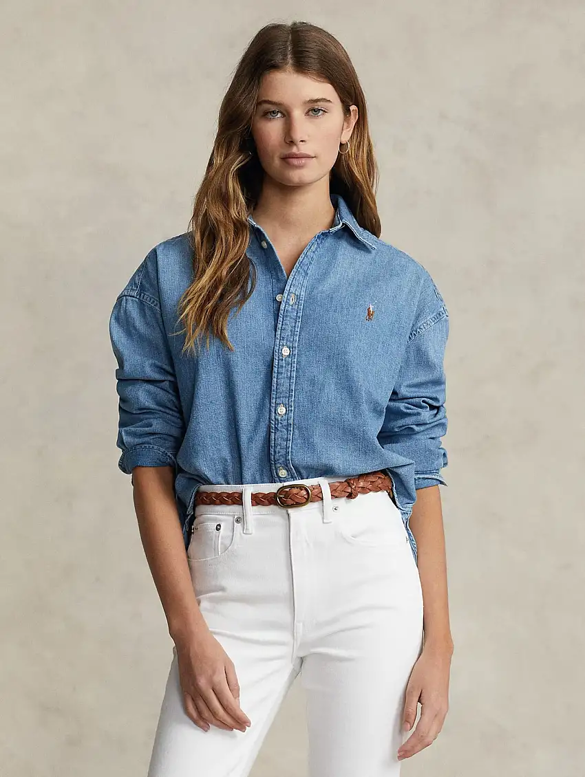 Camicia in Leggero Twill Ampia e Corta Blu